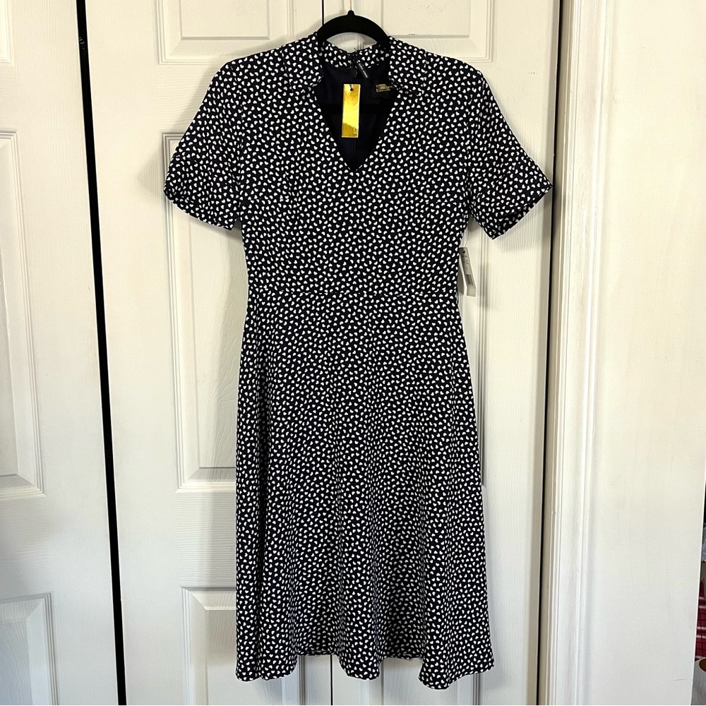ALEXIA ADMOR Midi Heart Pattern Fit & Flare Collared Navy & White Dress Size 6 - Picture 3 of 16